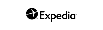 Expedia logo consisting of a stylized airplane inside a circular shape to the left of the word 'Expedia' in black font.