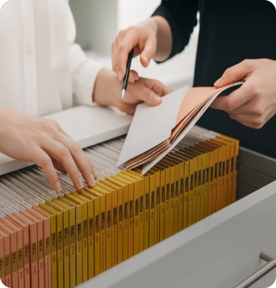 Two people organizing yellow and orange file folders in a filing cabinet drawer, one person holding a pen and flipping through documents.