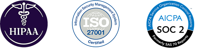 Logos of HIPAA, ISO 27001 certified, and AICPA SOC 2 certifications.