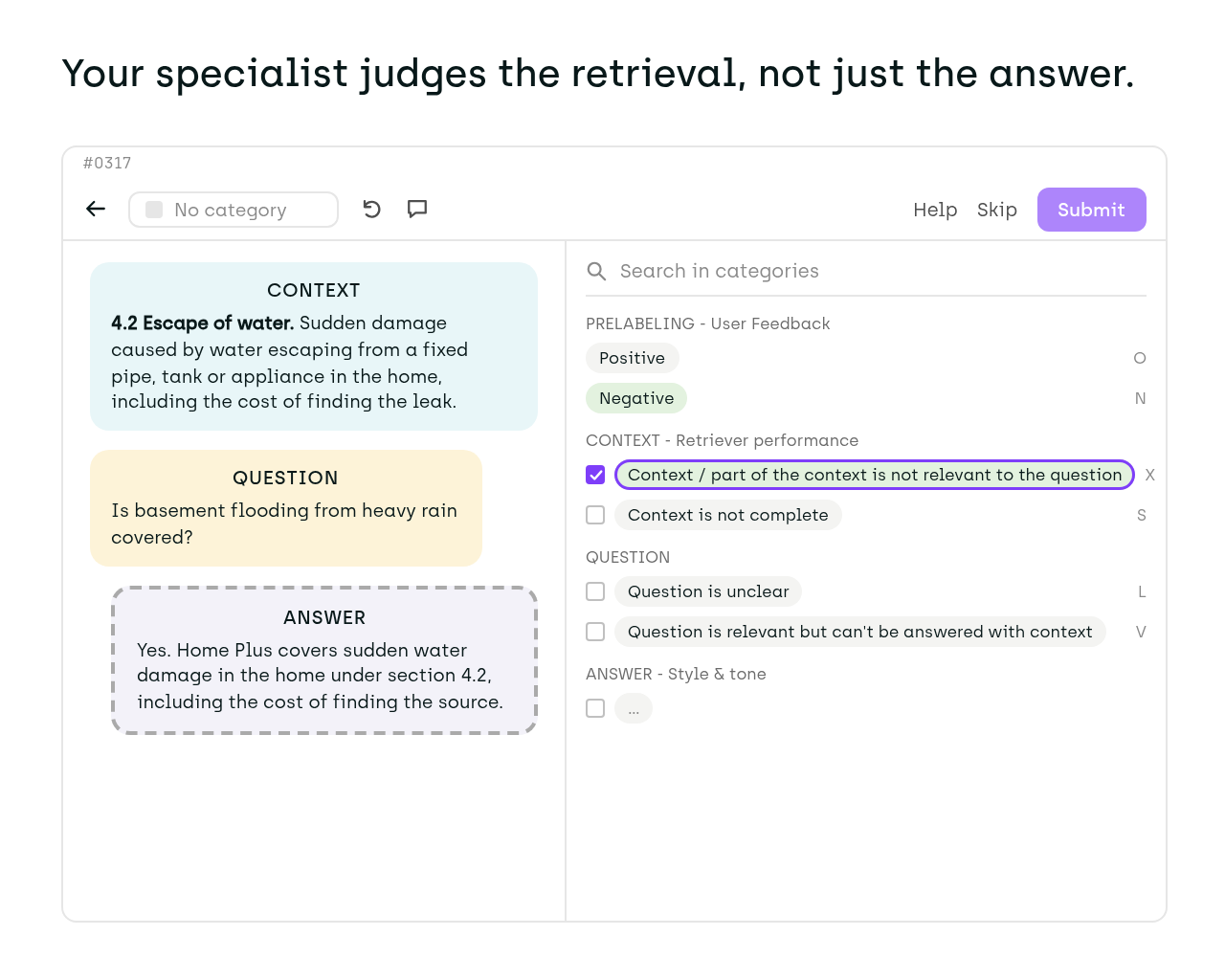Your specialist judges the retrieval, not just the answer. A specialist reviews a RAG answer about basement flooding and flags that the retrieved context is not relevant to the question.