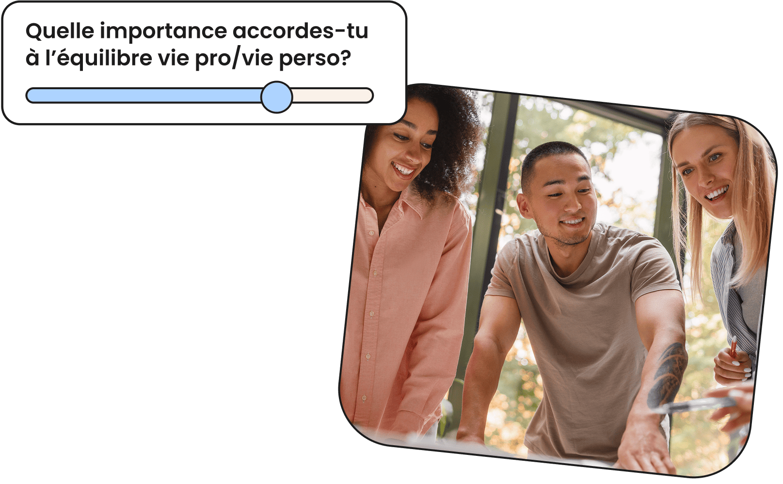trois jeunes employés épanouis avec une mention "à quel point valorises-tu l'équilibre vie pro, vie perso?"