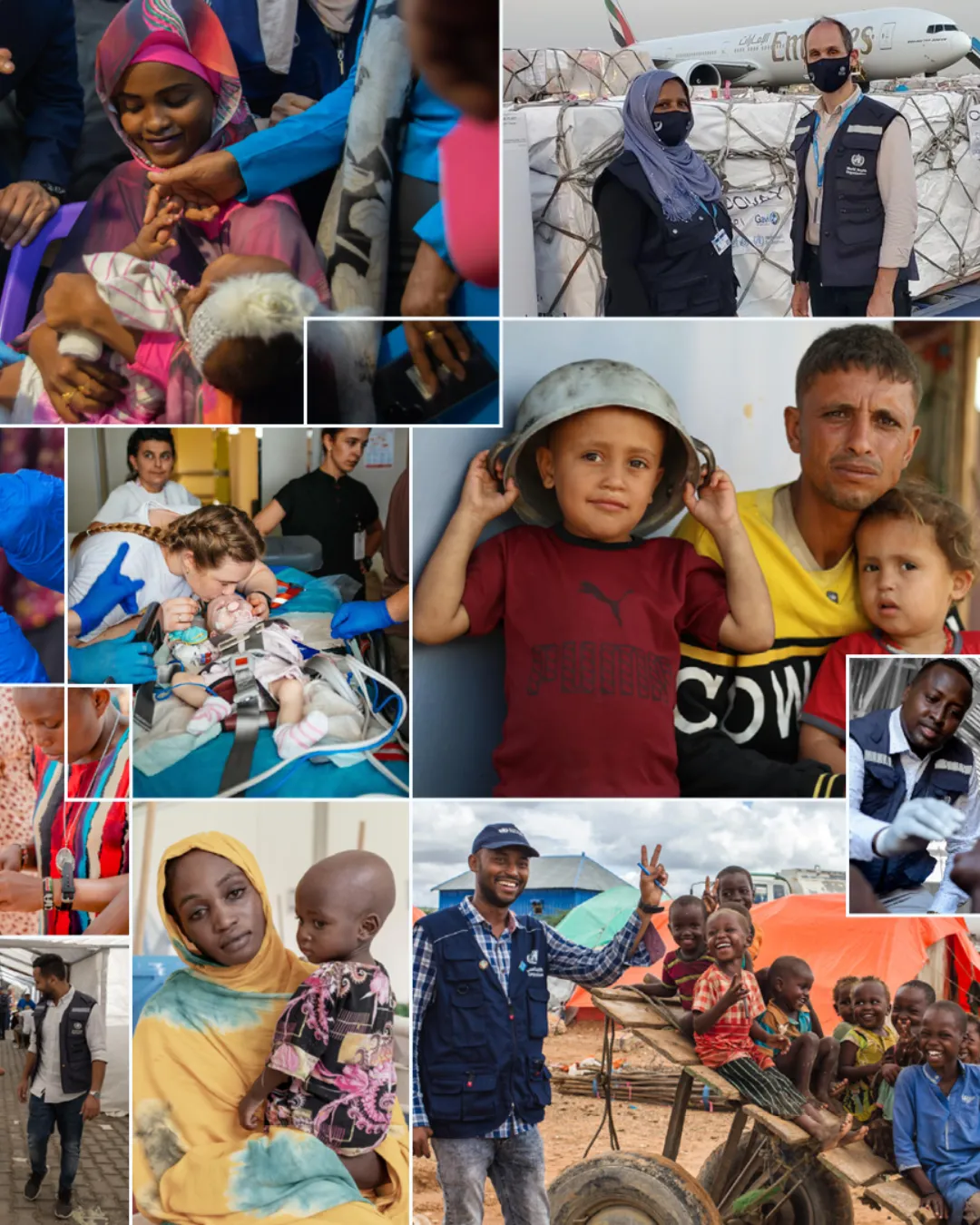Collage of humanitarian scenes showing healthcare workers, families with children, and aid delivery in a refugee camp setting.
