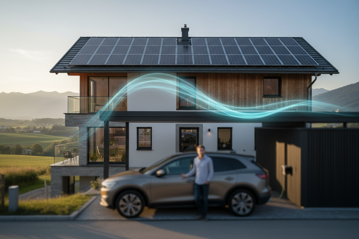 Einfamilienhaus mit installierter PV-Anlage in Bayern; Energiefluss ins Haus – Montage durch BZ Electronix