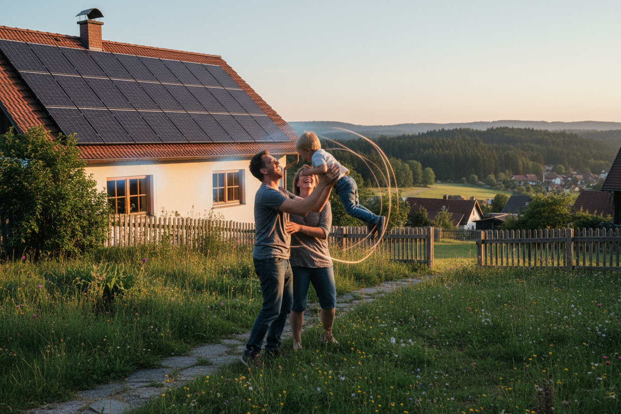 Familie vor Einfamilienhaus mit Photovoltaik in Bayern – Abendlicht, regionale Installation