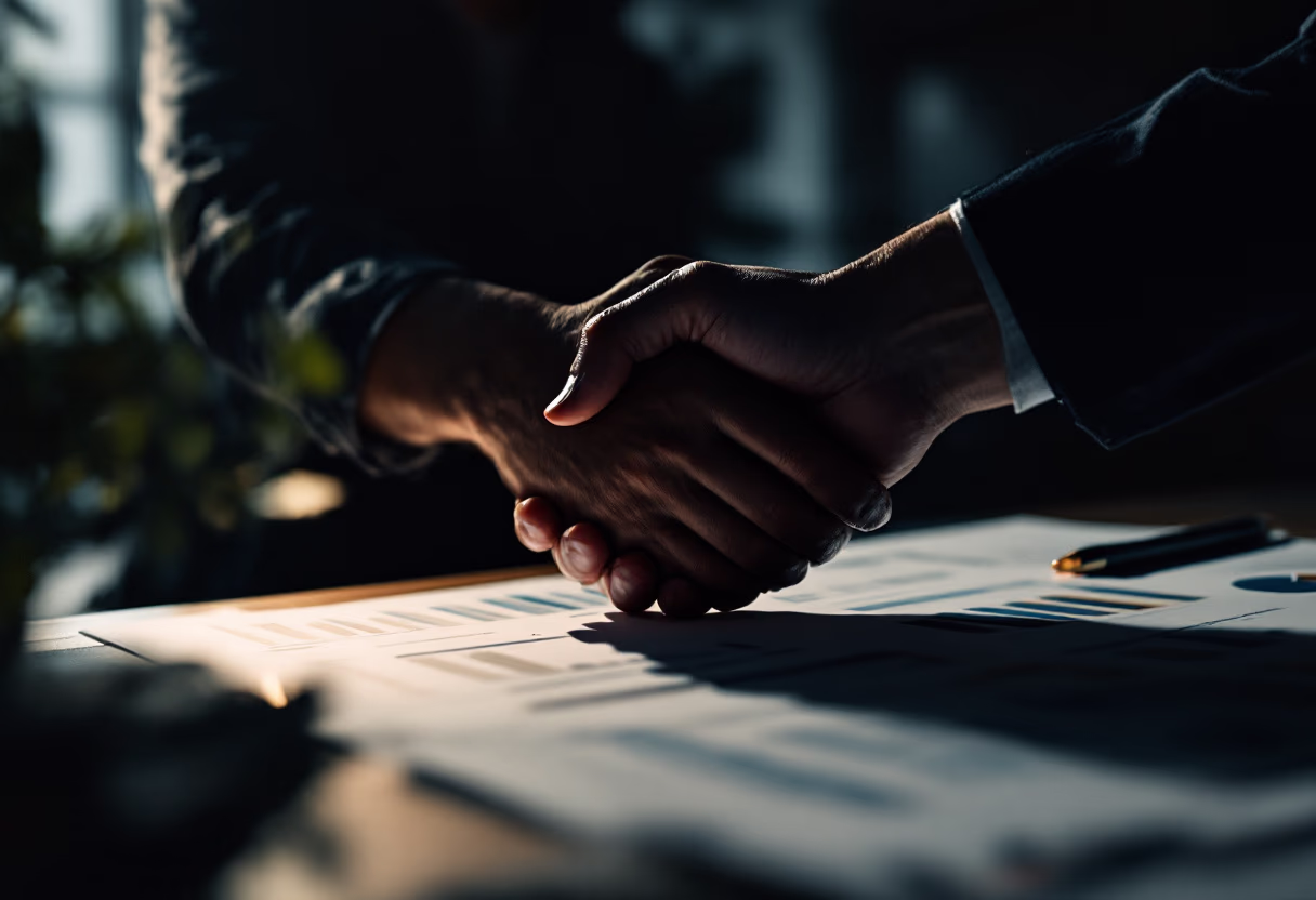 image of handshake over a financial report