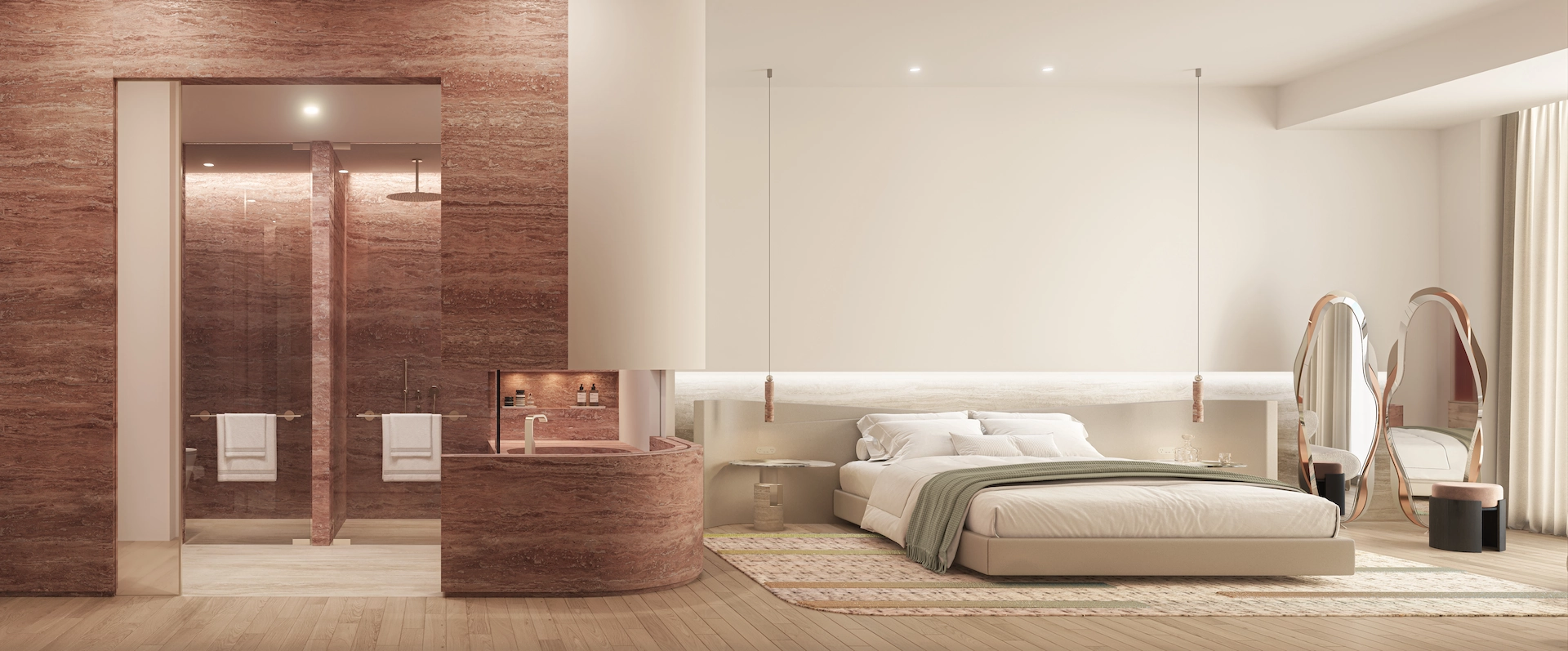 Minimalist luxury bedroom with red travertine open-plan bathroom, curved stone bathtub, neutral tones, and sculptural designer mirrors