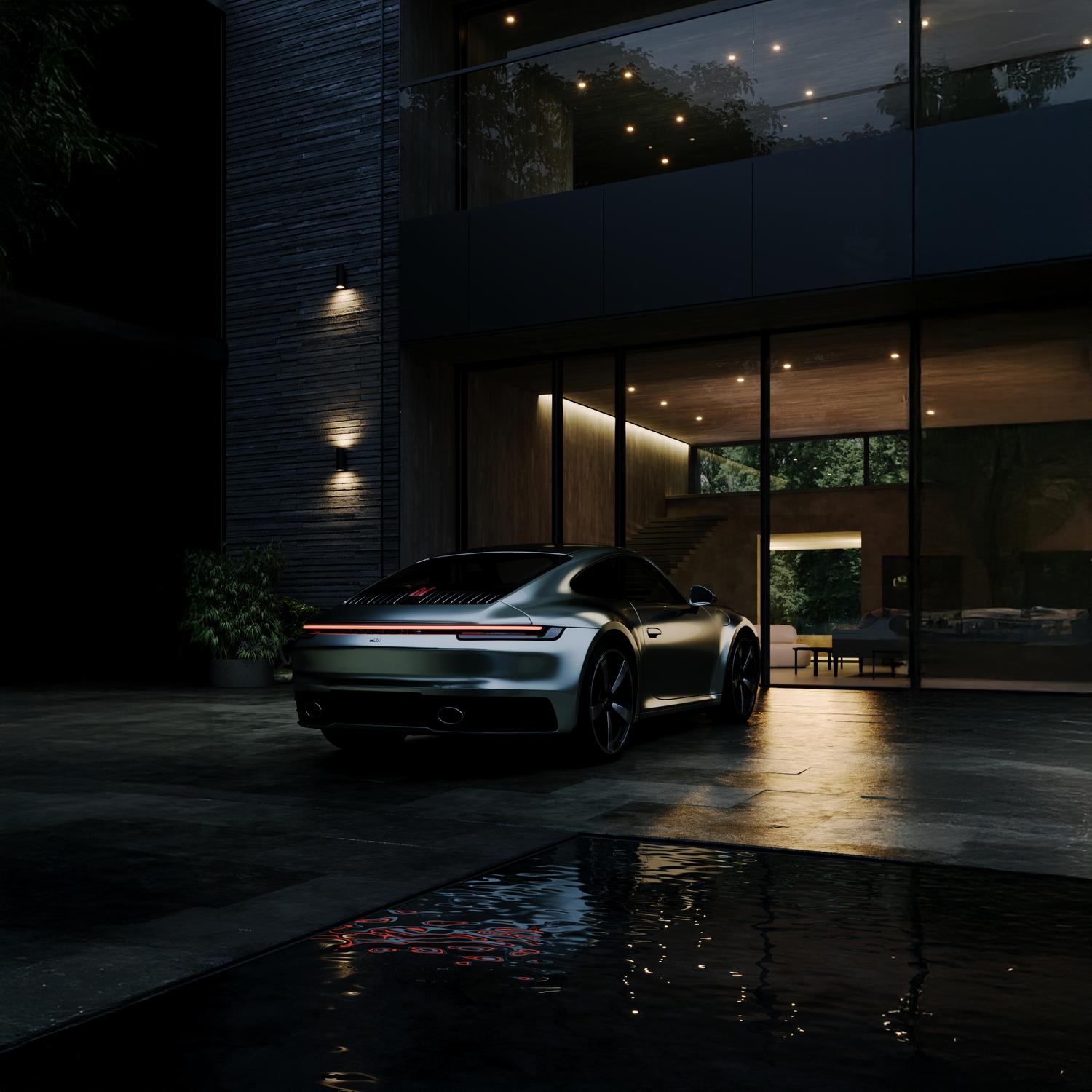 Night view of a modern villa entrance with car, 3D visualization by llil.studio