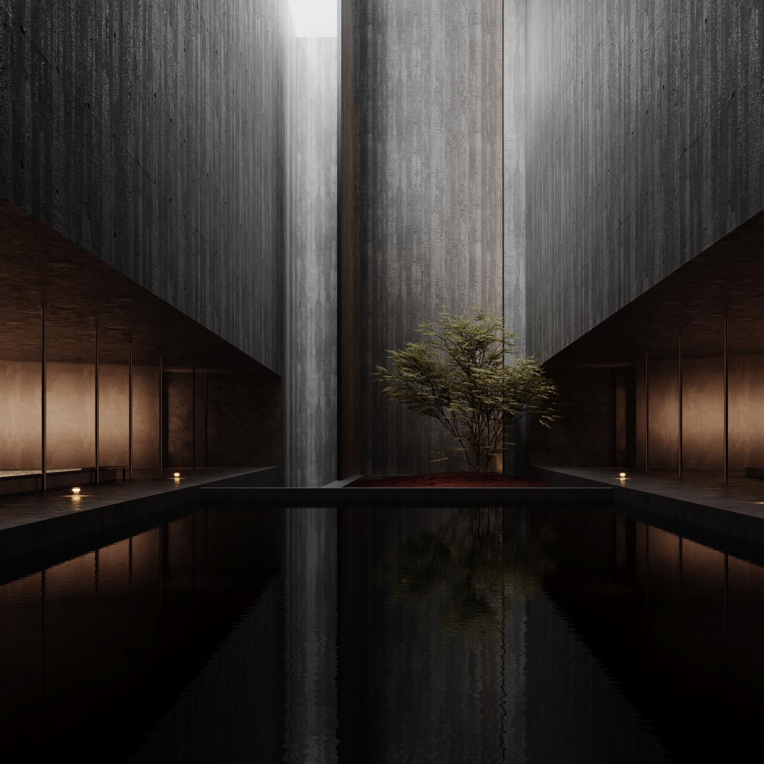 Architectural atrium interior with skylight and water reflection, CGI visualization by llil.studio
