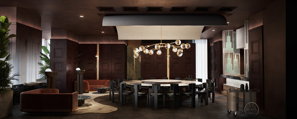 Photorealistic CGI of a luxury hotel meeting and private dining room with modern chandelier, dark wood finishes, and elegant seating arrangement — created by llil.studio