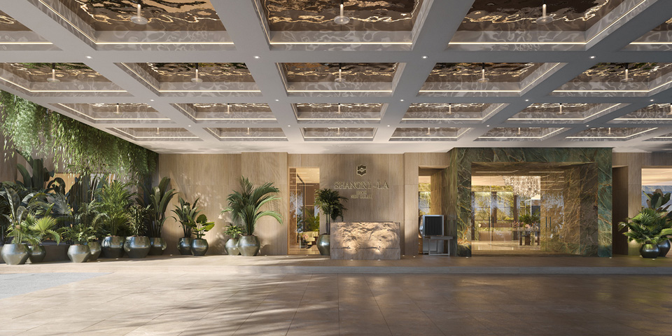 Photorealistic CGI of a luxury hotel lobby with modern ceiling design, lush indoor plants, marble reception desk, and natural light — created by llil.studio
