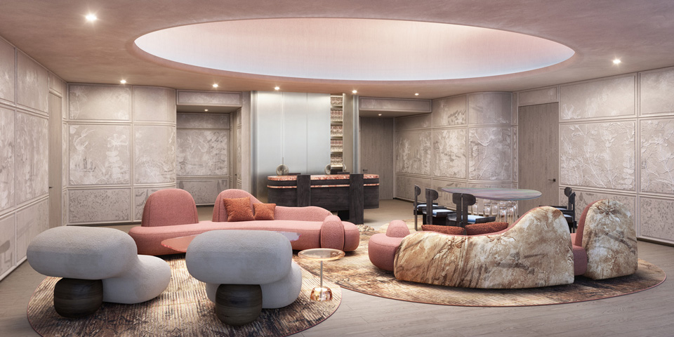 Photorealistic CGI of a luxury hotel lounge with sculptural furniture, ambient ceiling lighting, and contemporary interior design — created by llil.studio.
