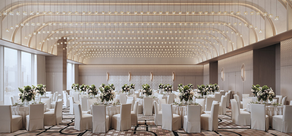 Photorealistic CGI of Kimpton hotel ballroom with elegant ceiling lighting, round banquet tables, floral centerpieces, and modern luxury event design — created by llil.studio.