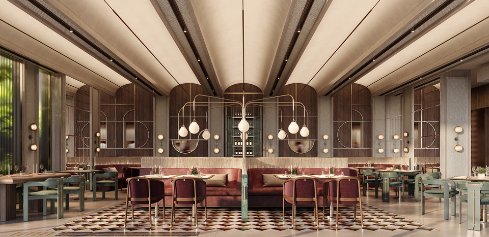 Photorealistic CGI of Kimpton restaurant dining hall featuring elegant ceiling panels, burgundy seating, checkered flooring, and modern hospitality design — by llil.studio