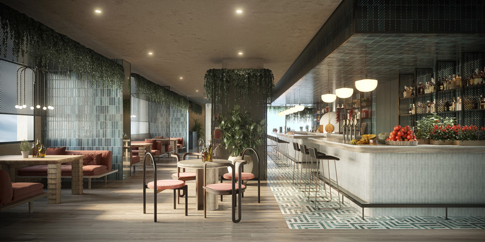 Photorealistic CGI of a luxury hotel bar and lounge interior with modern counter design, ambient lighting, and elegant seating areas — created by llil.studio