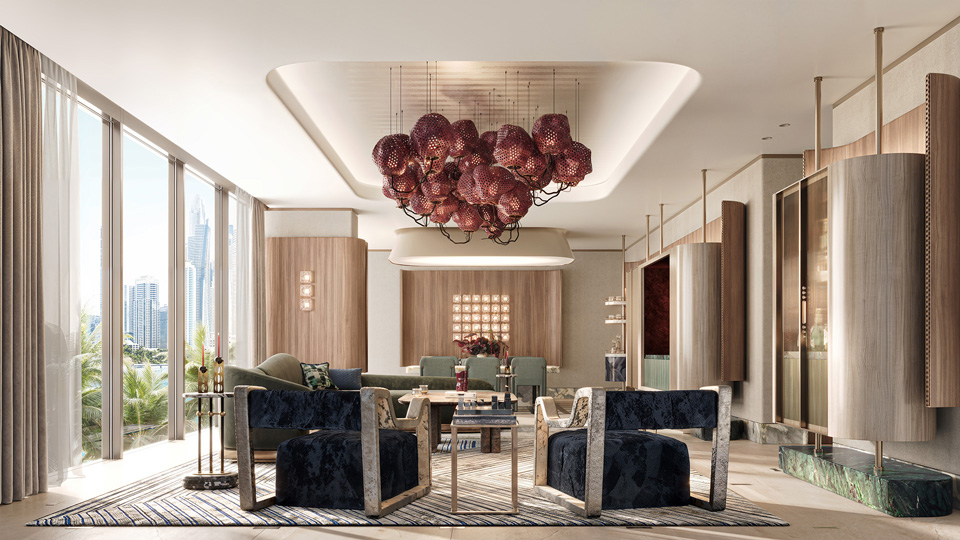Photorealistic CGI of a modern luxury living room with sculptural chandelier, floor-to-ceiling windows and elegant interior design — by llil.studio