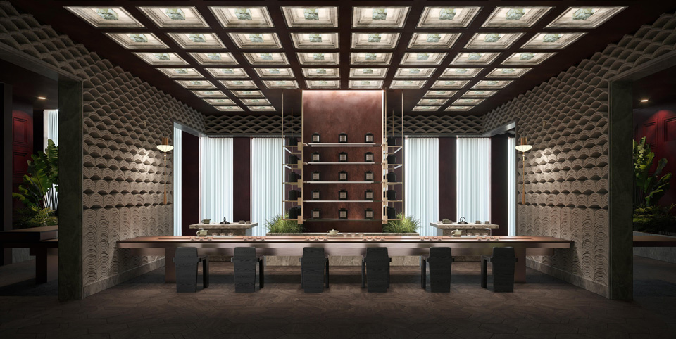 Photorealistic CGI of a luxury hotel dining and bar interior with geometric ceiling lights, long central bar counter, and elegant seating — created by llil.studio