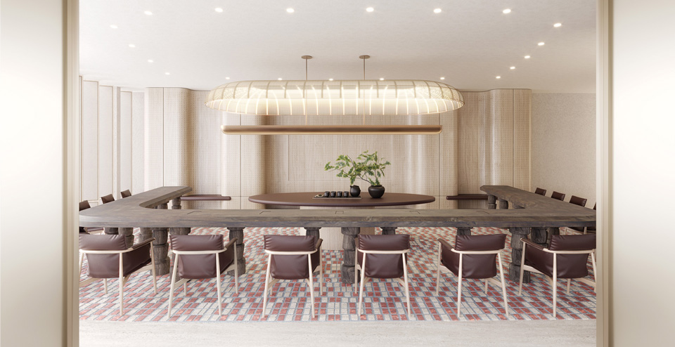 Photorealistic CGI of a luxury hotel conference and meeting room with modern chandelier, large central table, and elegant seating — created by llil.studio