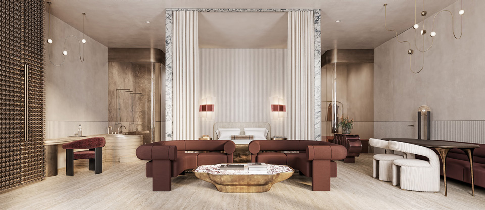 Photorealistic CGI of a luxury hotel suite living room with modern furniture, soft lighting, and elegant hospitality interior design — created by llil.studio