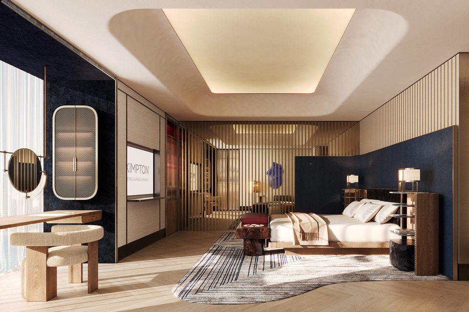 Photorealistic CGI of a luxury modern bedroom suite with wood paneling, ambient lighting, designer furniture and soft contemporary styling — by llil.studio