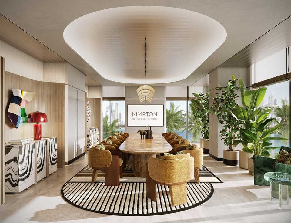 Photorealistic CGI of Kimpton hotel meeting room with large dining table, sculptural ceiling light, modern art accents, and lush indoor plants — created by llil.studio