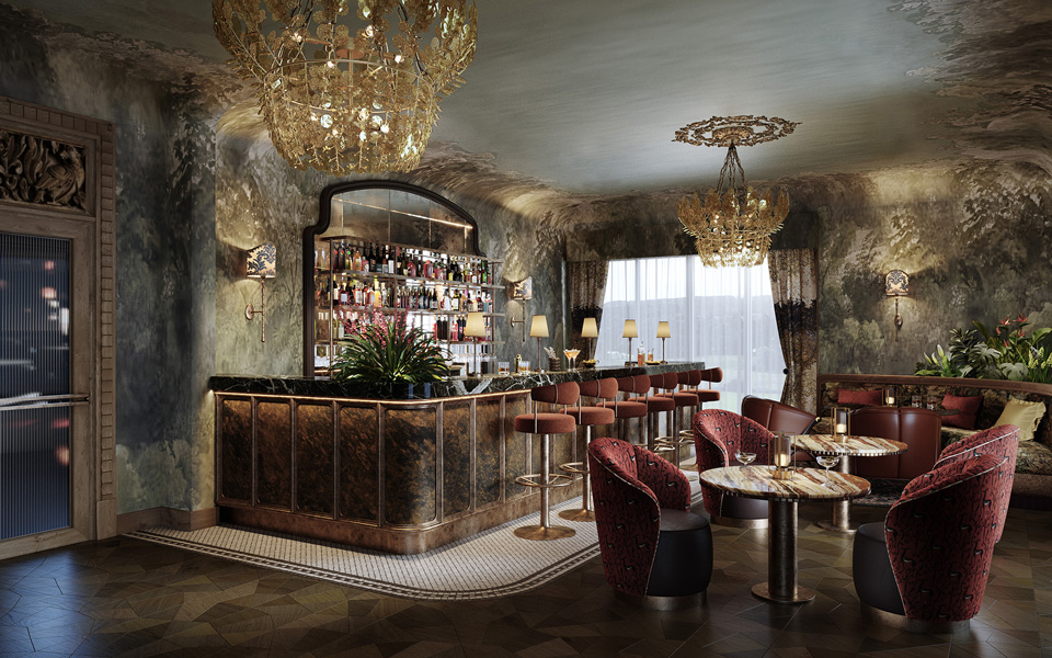 Photorealistic CGI of a luxury hotel cocktail bar with chandeliers, velvet seating, marble bar counter, and elegant hospitality interior — created by llil.studio