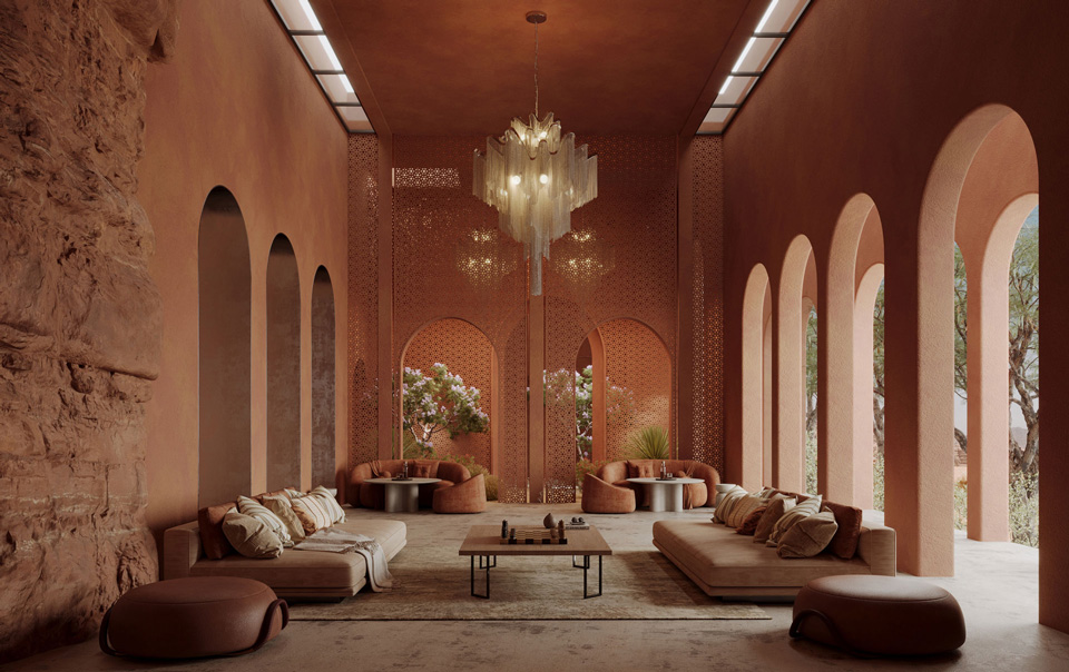 Luxury Moroccan-inspired interior lounge with terracotta walls, arched windows, carved screens, and built-in sofas under sculptural chandelier