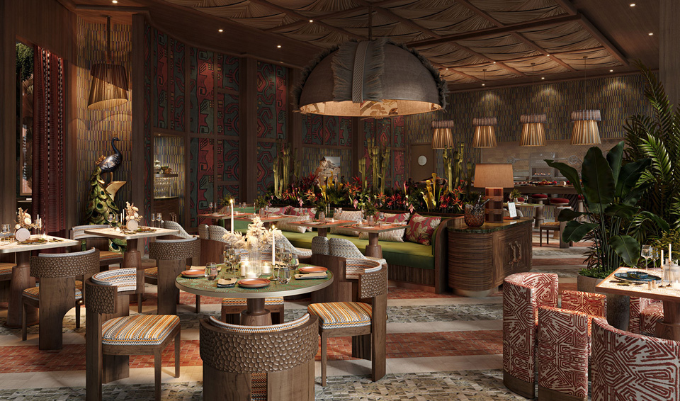 Photorealistic CGI of a luxury restaurant interior with warm ambient lighting, eclectic furniture, lush greenery, and detailed hospitality design — created by llil.studio