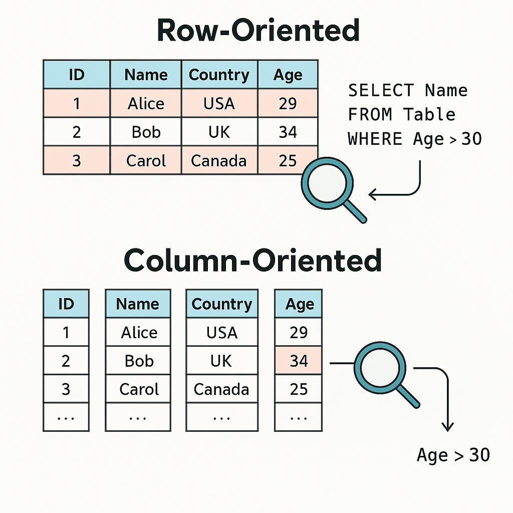 Diagram comparing row-oriented and column-oriented storage in Cloud Data Warehouse Architecture for faster analytics.