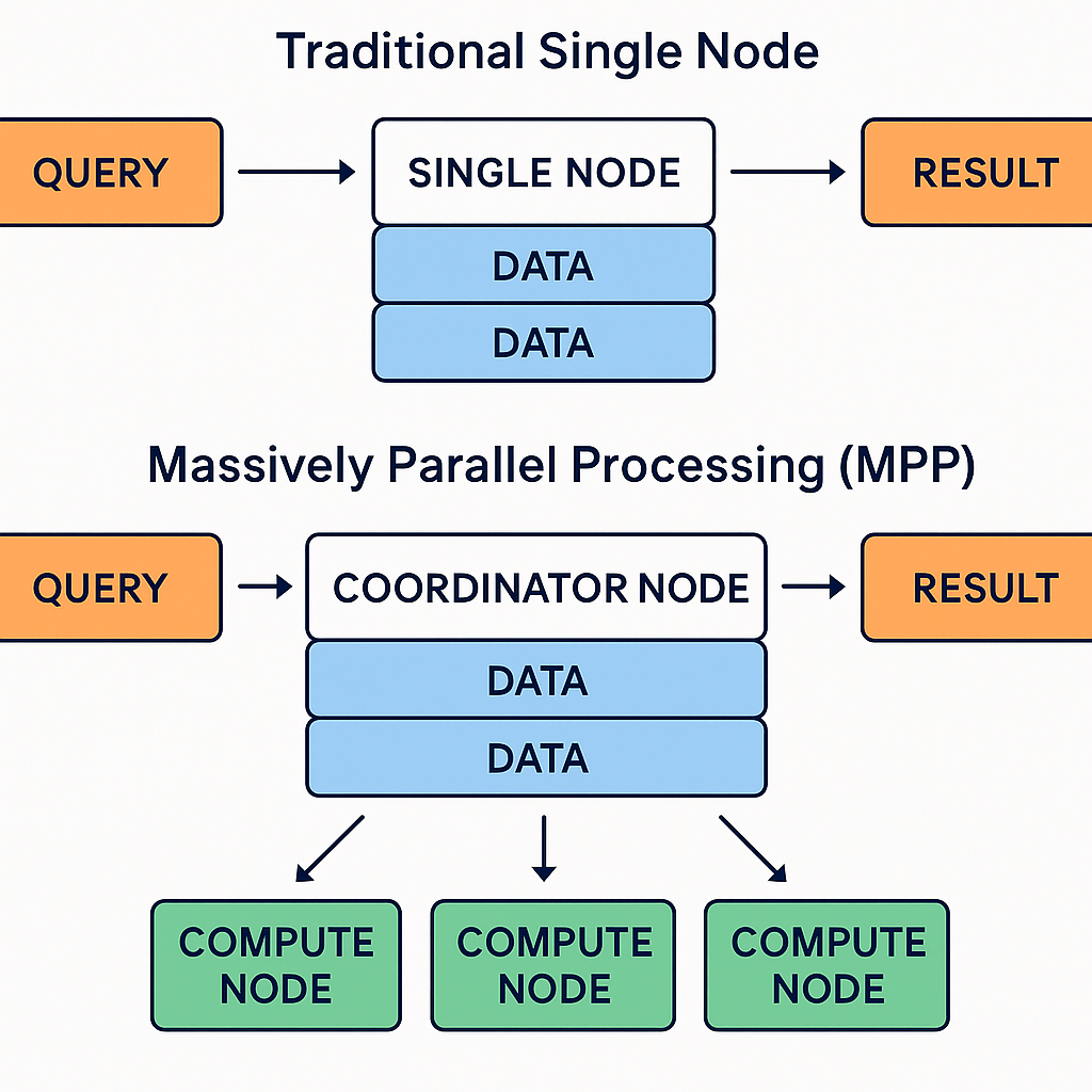 Illustration of Massively Parallel Processing (MPP) in Cloud Data Warehouse Architecture compared to single-node query execution