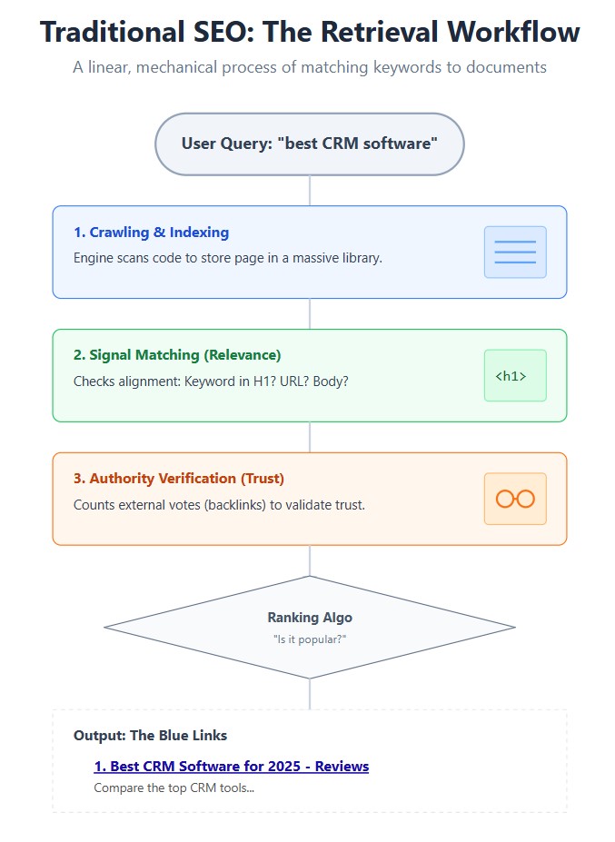 A vertical flowchart illustrating how a traditional search engine processes a keyword query. At the top, a bubble shows the user query “best CRM software.” The first step, in a light blue box, is “Crawling & Indexing,” where the engine scans and stores the page. The second step, in a green box, is “Signal Matching (Relevance),” checking whether keywords appear in key locations like the title or body. The third step, in an orange box, is “Authority Verification (Trust),” where backlinks are counted as credibility signals. A diamond-shaped decision block labeled “Ranking Algo” asks, “Is it popular?” At the bottom, a dotted box displays the output as a list of blue links, including an example result titled “Best CRM Software for 2025 – Reviews,” followed by preview text.