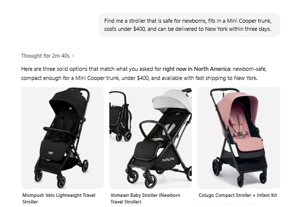 ChatGPT Search interface displaying a synthesized list of stroller recommendations based on a complex, multi-constraint query. The AI parses specific product attributes — trunk dimensions, safety certification, and pricing — to generate a direct comparison table, bypassing traditional search engine results pages