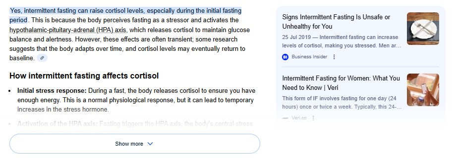 AI Search Overview answering "Does intermittent fasting raise cortisol levels?" The interface displays a synthesized summary stating "Yes, cortisol levels may increase initially," followed by a numbered citation link to a medical publisher. The view highlights how the AI extracted a specific data point rather than linking to the full article.