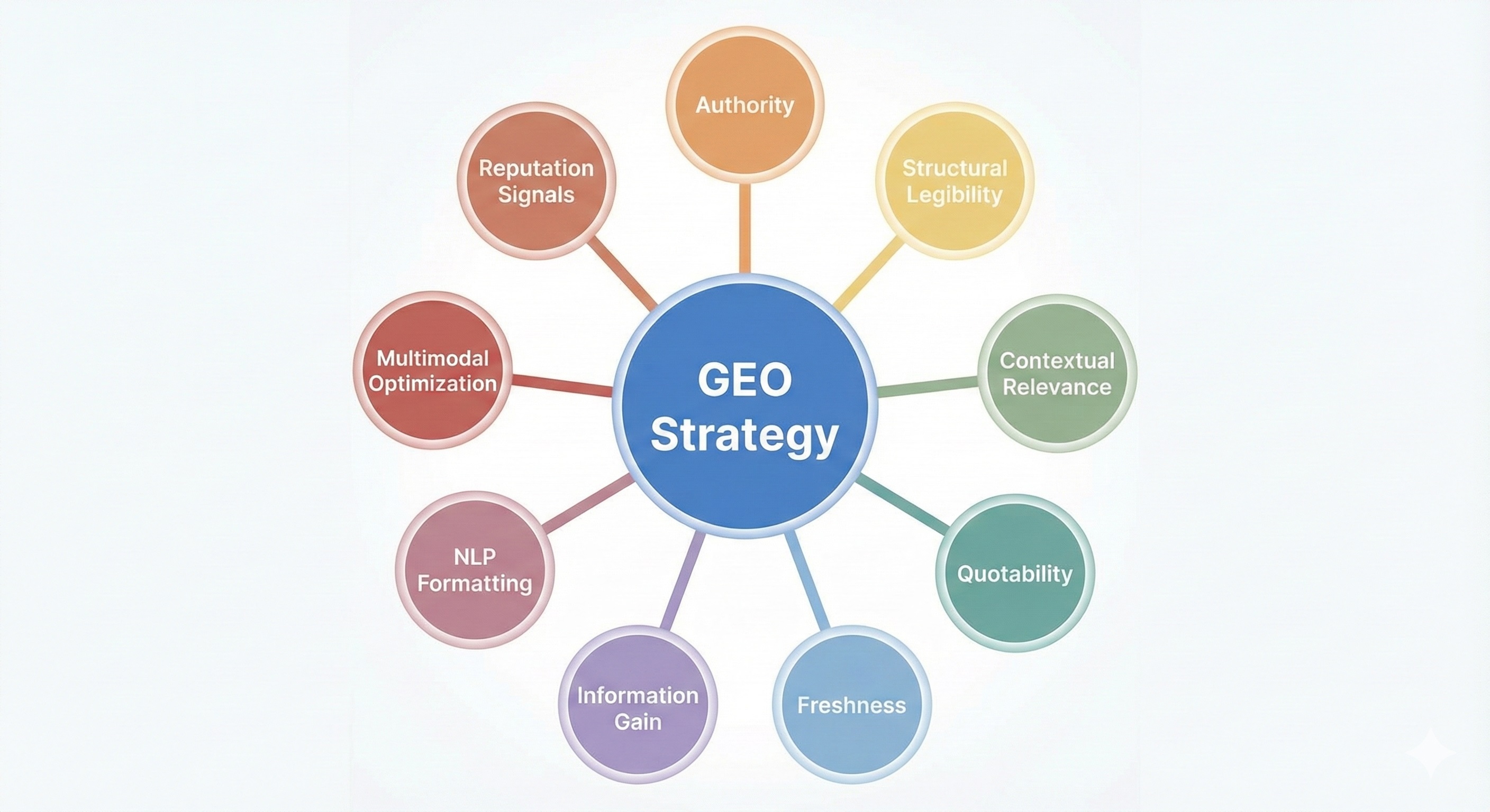 Circular diagram visualizing the 9 Pillars of GEO Strategy, showing how brands become machine-readable and citation-ready for AI models. In the center is a blue circle labeled ‘GEO Strategy,’ surrounded by nine connected pillars: Authority, Structural Legibility, Contextual Relevance, Quotability, Freshness, Information Gain, NLP Formatting, Multimodal Optimization, and Reputation Signals.”