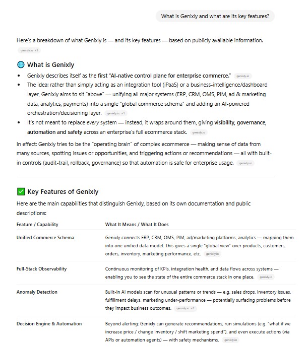 AI-generated explanation of what Genixly is, illustrating how LLMs interpret brand entities and why consistent messaging, schema markup, and structured definitions are essential for a successful GEO strategy.