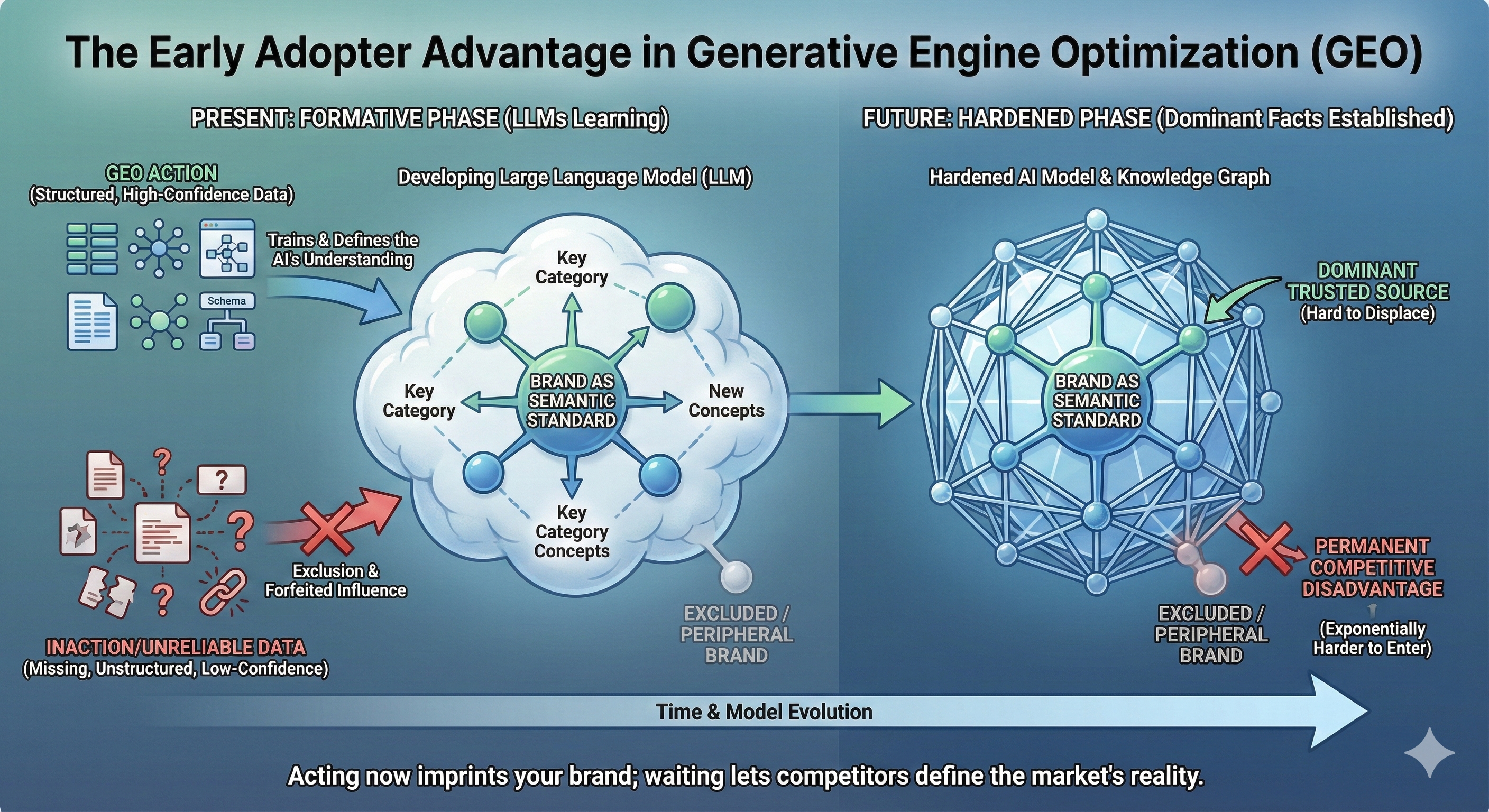 Schematic diagram illustrating the 'Early Adopter Advantage in GEO'. The left side shows the 'Present: Formative Phase' where brands using structured data train a developing LLM to become a 'Semantic Standard', while inactive brands are excluded. An arrow points to the right side, 'Future: Hardened Phase', where the AI model is a solid knowledge graph. The early adopter is now a 'Dominant Trusted Source' that is hard to displace, while the inactive brand faces permanent competitive disadvantage.