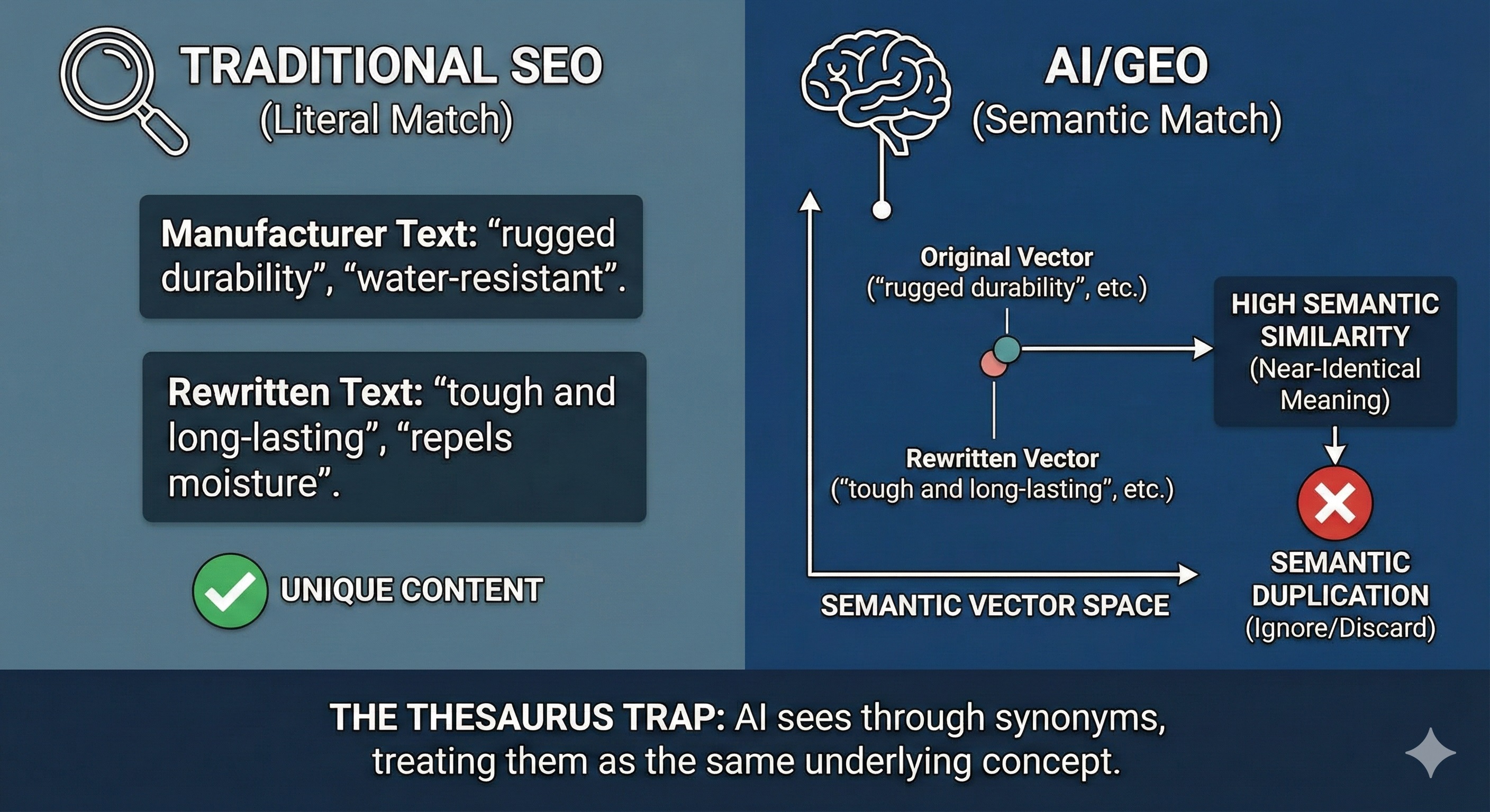 Diagram illustrating the "Thesaurus Trap" in GEO. The left panel shows Traditional SEO viewing rewritten synonyms as unique content. The right panel shows AI/GEO using semantic vector mapping, revealing that phrases like "rugged durability" and "tough and long-lasting" occupy nearly identical space, causing them to be discarded as semantic duplicates.