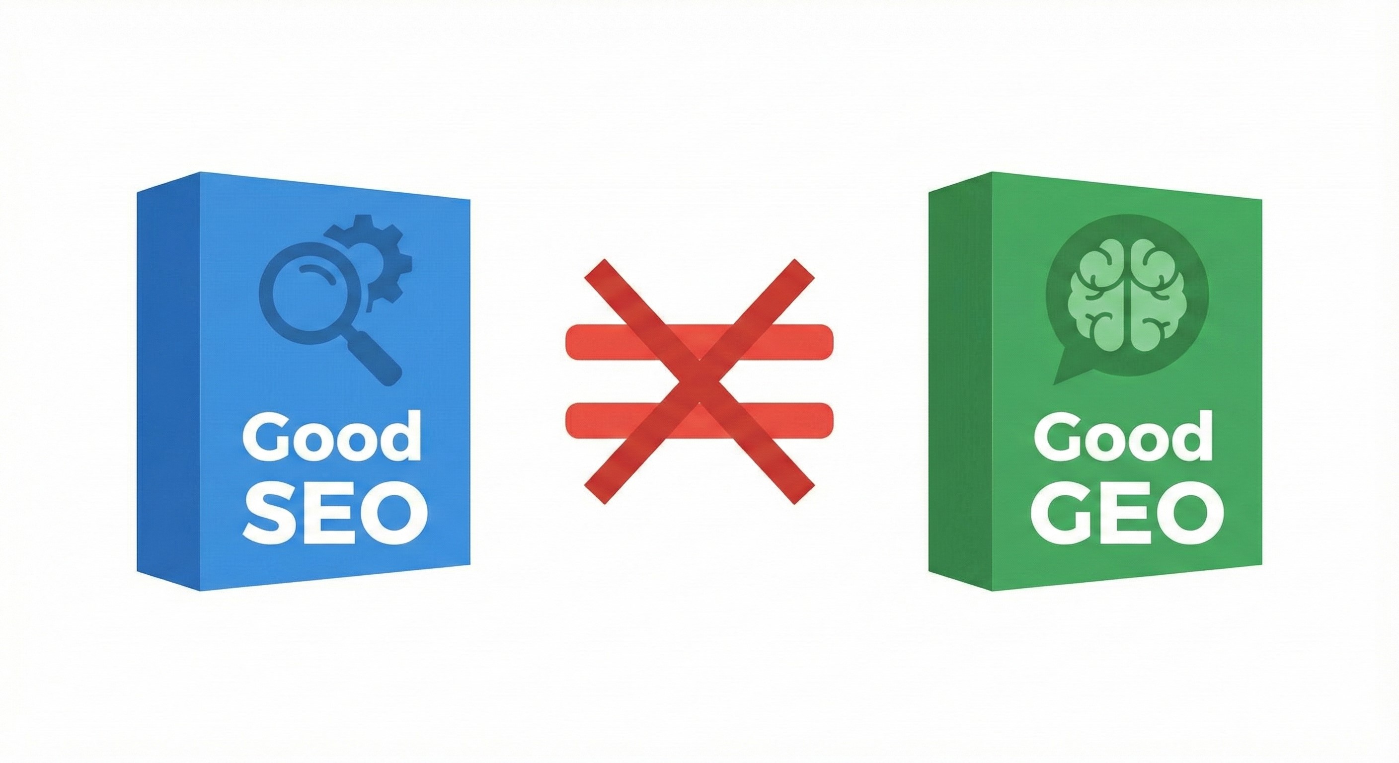 A flat icon illustration on a plain white background visually representing a distinction between two concepts. On the left, a blue 3D rectangular box contains a magnifying glass and gear icon above the white text "Good SEO." On the right, a green 3D rectangular box contains a brain icon inside a speech bubble above the white text "Good GEO." Between these two boxes is a large, bold, red mathematical "does not equal" symbol (≠) with a large red cross (X) overlaid directly on top of it. The entire image symbolically communicates that the practices of "Good SEO" are not equivalent to, and are distinctly different from, the practices of "Good GEO."
