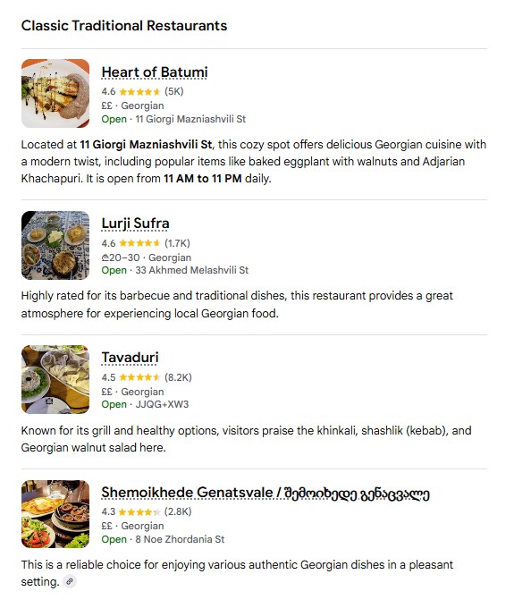 AI-generated list of highly rated traditional restaurants in Batumi, demonstrating how answer engines favor popular, well-reviewed locations while overlooking small, local, or undocumented places known primarily through word of mouth.