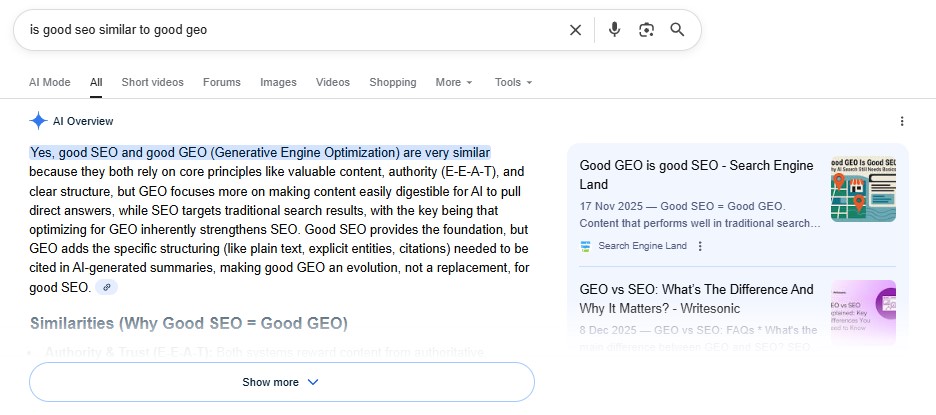 Screenshot of a Google AI-generated answer claiming that good SEO and good GEO are similar, illustrating how answer engines can confidently repeat oversimplified or misleading narratives without reflecting real conceptual differences.