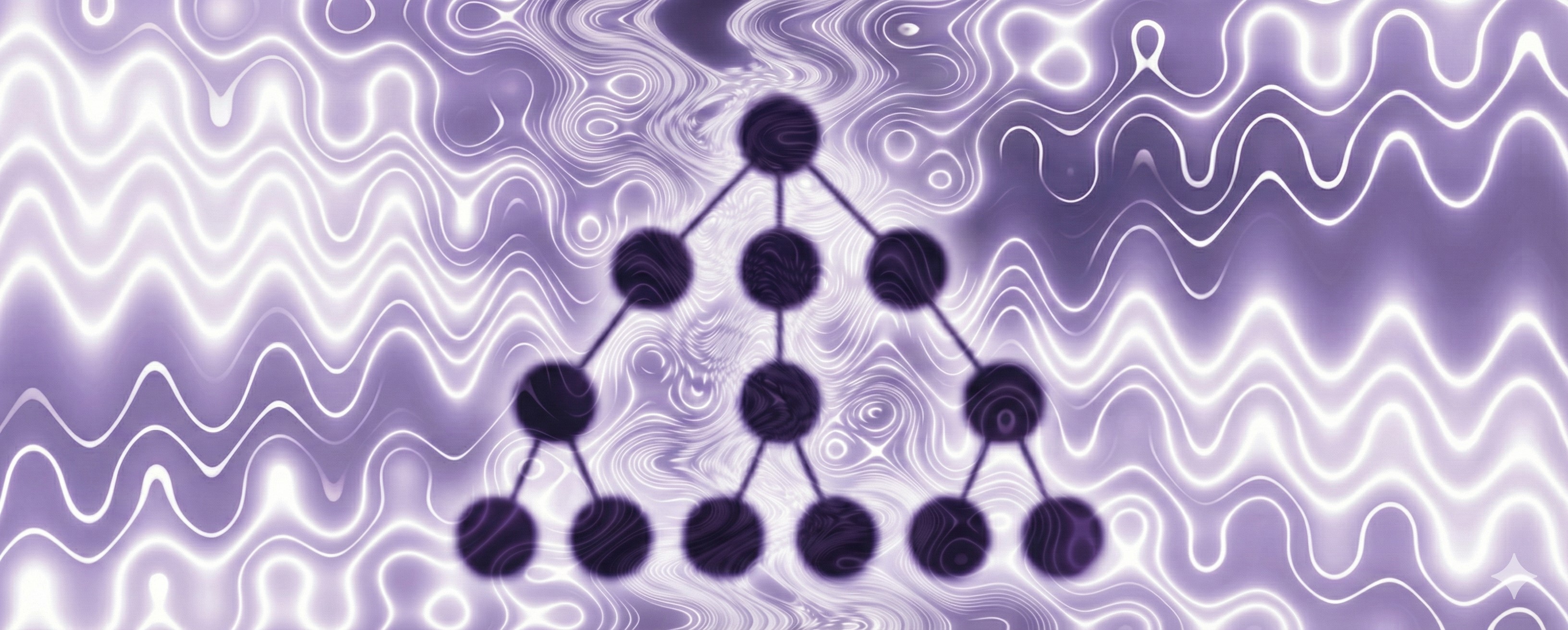 Abstract illustration of a prompt tree structure in Generative Engine Optimization (GEO), showing interconnected nodes arranged in a hierarchical decision flow against a purple, wave-pattern background — visualizing how prompt trees replace traditional key