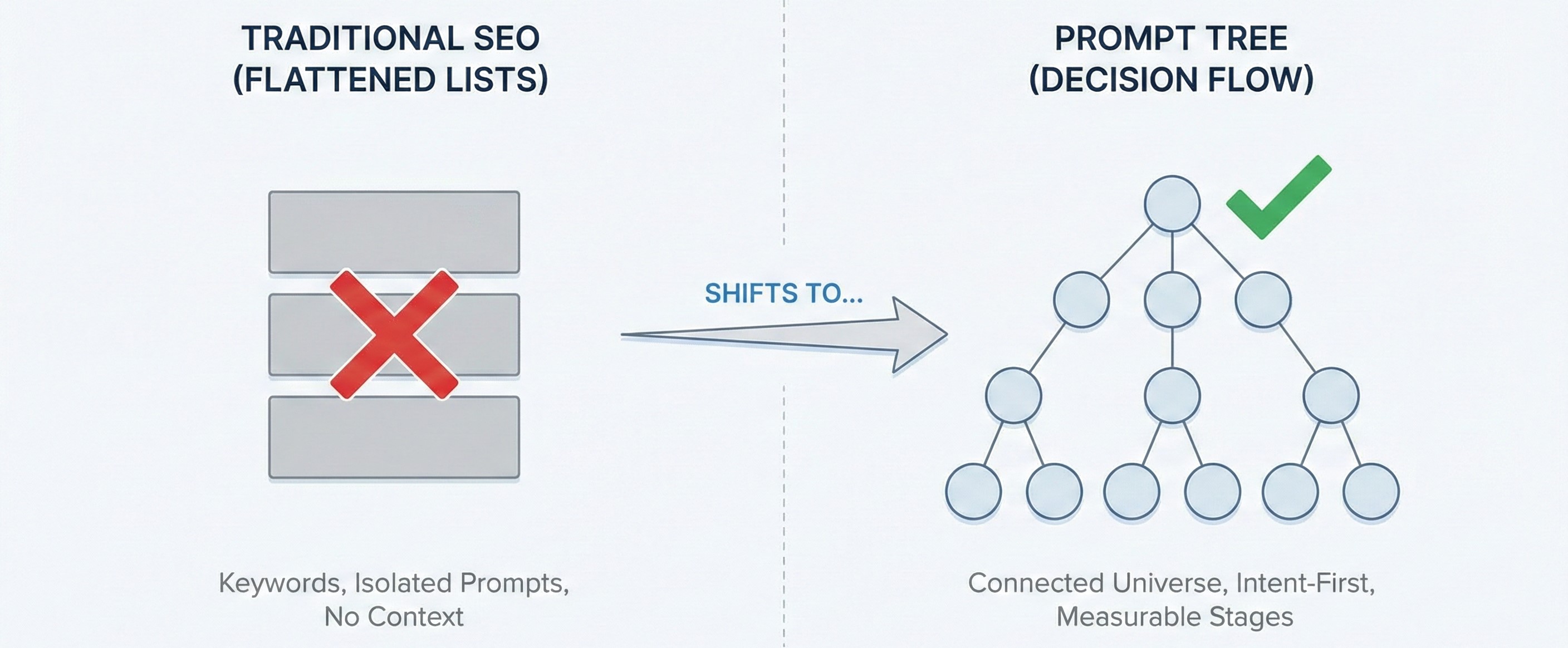 Side-by-side conceptual diagram comparing traditional SEO and a prompt tree decision model. On the left, titled “TRADITIONAL SEO (FLATTENED LISTS),” three stacked horizontal rectangles represent isolated keyword lists, overlaid with a large red X to indicate limitation or failure. Beneath it reads: “Keywords, Isolated Prompts, No Context.” In the center, an arrow labeled “SHIFTS TO…” points right. On the right side, titled “PROMPT TREE (DECISION FLOW),” a branching tree diagram with connected circular nodes represents a structured decision flow. A green checkmark appears near the top node to indicate correctness or improvement. Below it reads: “Connected Universe, Intent-First, Measurable Stages.” The visual communicates a shift from flat keyword-based SEO toward structured, intent-driven prompt trees for generative search optimization.