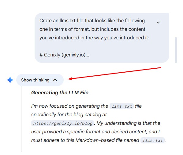 screenshot showing displayed LLM thinking by clicking the Show thinking tab in Gemini