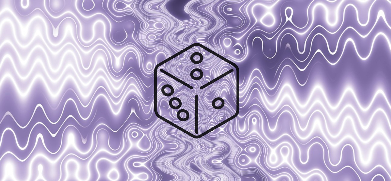 Abstract visualization of LLM answer volatility with a dice icon symbolizing probabilistic variation in AI-generated answers. The flowing wave background represents fluctuating response patterns in large language models