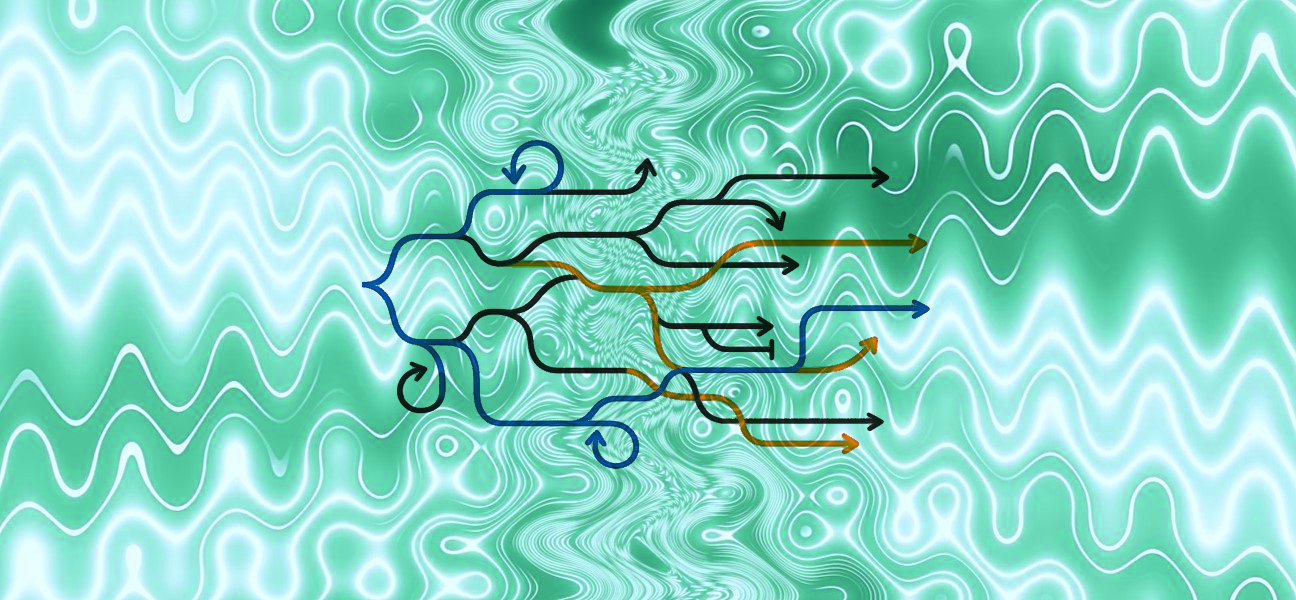 Abstract visualization of conversation simulation paths in LLM visibility testing, showing branching multi-turn interactions used to analyze generative engine optimization performance.