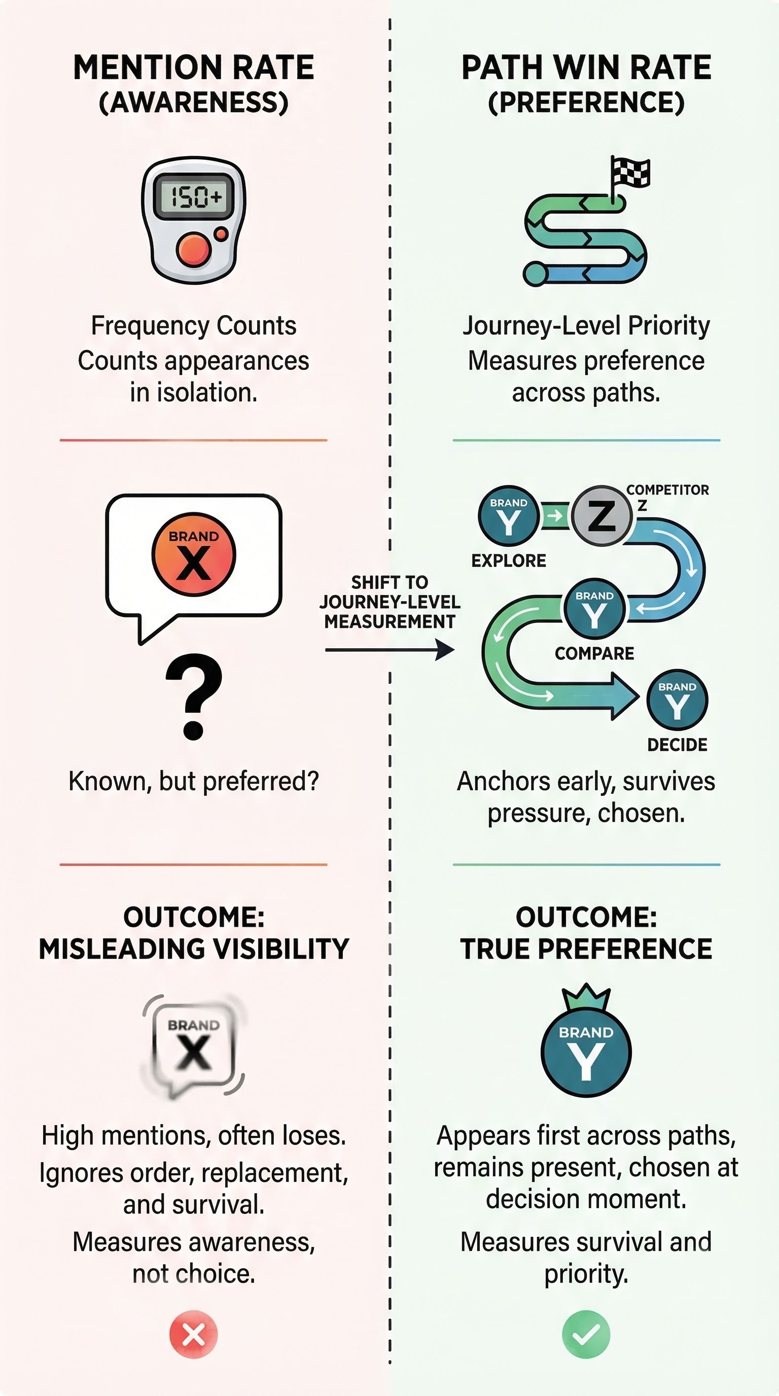 Infographic comparing mention rate vs path win rate in LLM visibility measurement, showing why journey-level metrics reveal true brand preference over simple appearance counts in GEO.