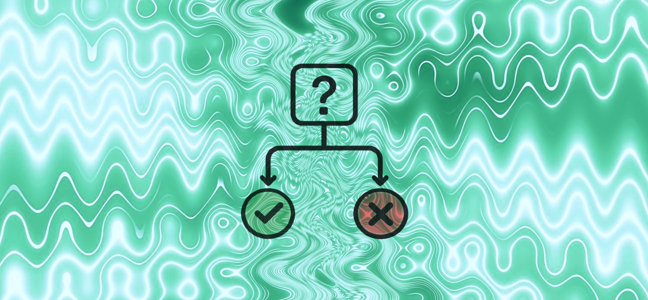 Abstract illustration of decision capture in LLM visibility testing, showing a branching choice between success and failure outcomes representing brand presence or absence at the decision stage.