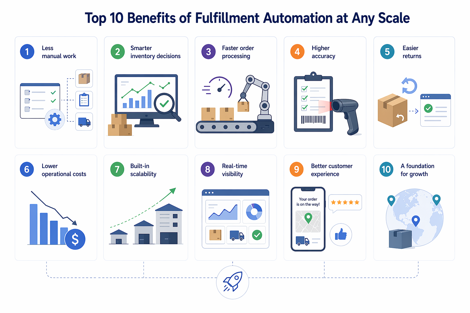 Image showing top 10 benefits of fulfillment automation at any scale, including faster order processing, higher accuracy, real-time visibility, lower costs, and improved customer experience in ecommerce.