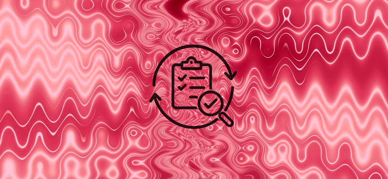 Checklist and magnifying glass inside a circular validation loop, symbolizing structured GEO re-testing, evidence review, and verification of LLM visibility changes under answer volatility.