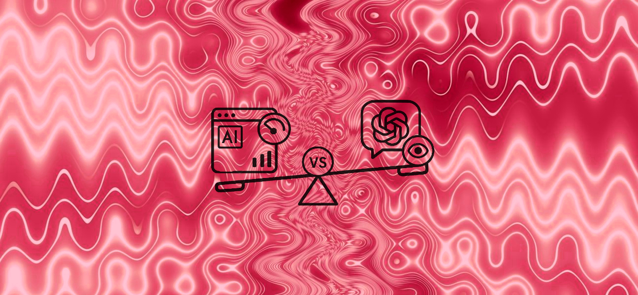 Comparison scale between AI content optimization tools and ChatGPT visibility, symbolizing the difference between traditional Surfer-style optimization and GEO strategies for LLM visibility.