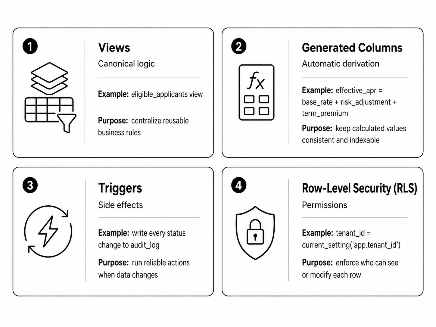 Diagram explaining four Postgres features used in EU AI compliance architecture: views, generated columns, triggers, and row-level security